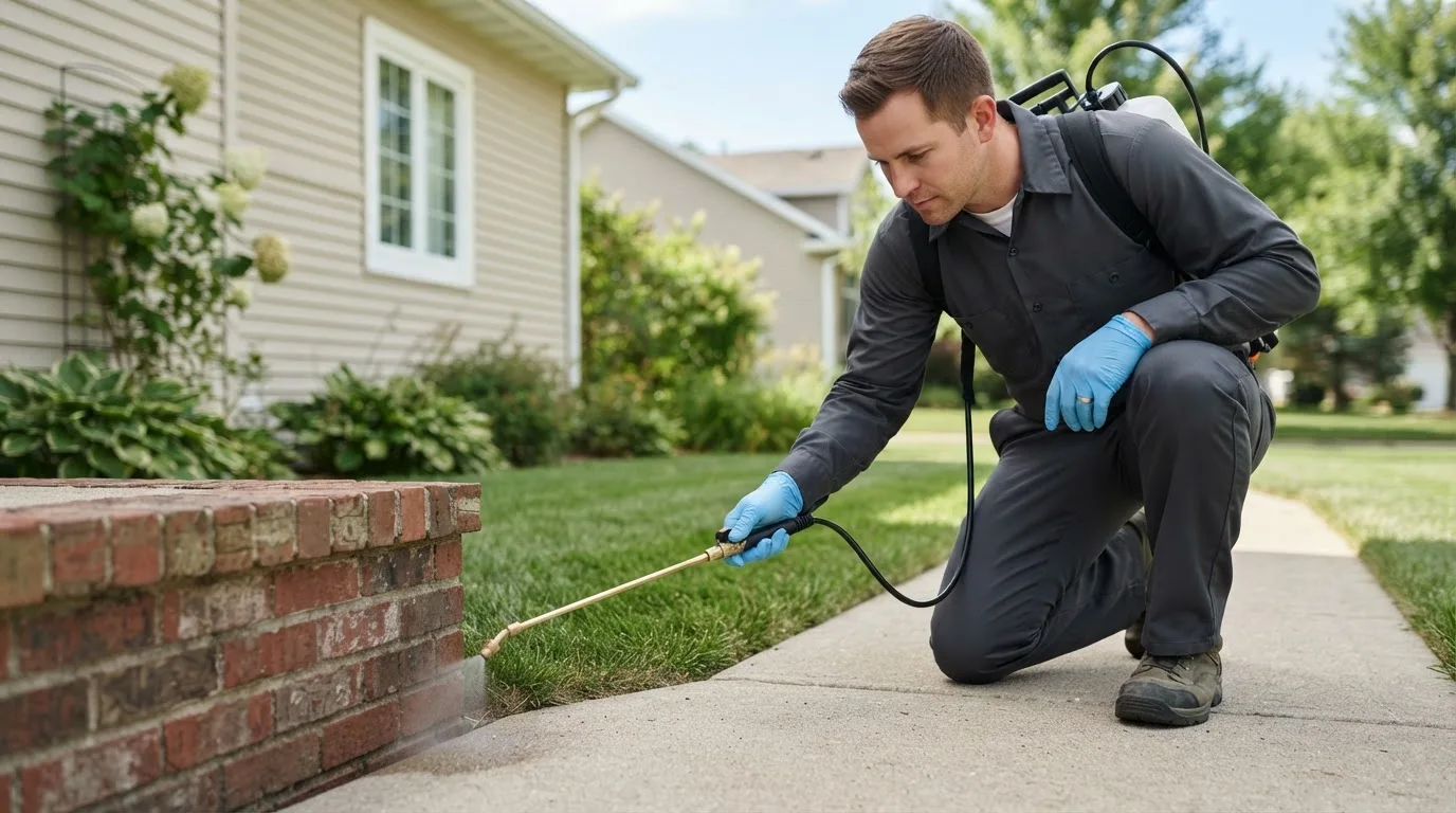 Pest control technician treating a home near Hawk Springs, WY
